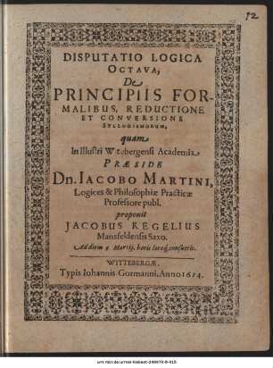 Disputatio Logica Octava, De Principiis Formalibus, Reductione Et Conversione Syllogismorum