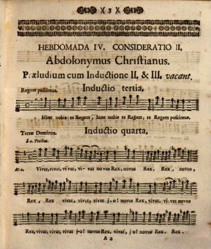 THEATRUM SOLITUDINIS ASCETICAE, SIVE DOCTRINAE MORALES PER CONSIDERATIONES MELODICAS Ad Normam sacrorum Exercitiorum S. P. IGNATII Compositae, & in Alma Sodalitate B. V. MARIAE ab Angelo salutatae Monachij Per Verni Jejunij Dies Dominicas Horis pomeridianis in Theatro exhibitae Nunc ad plurium utilitatem in Lucem datae. à P. FRANCISCO LANG Soc. JESU ejusdem Sodalitatis pro tempore PRAESIDE, Et in Modulos reductae ab artis Musicae Magistris, quorum Nomina sequens folium ostendit. Cum facultate Superiorum. Venales prostant apud Joannem Hibler Bibliopolam Monachij, [3,5]. [Canto pro choro]