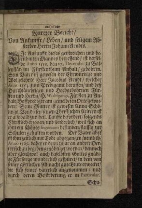 Kurtzer Bericht/ Von Ankunfft / Leben / und seligem Absterben Herrn Johann Arndts.