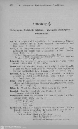 Abt. Q. Bibliographie. Bibliotheks-Kataloge. Allgemeine Encyclopädie. Verschiedenes