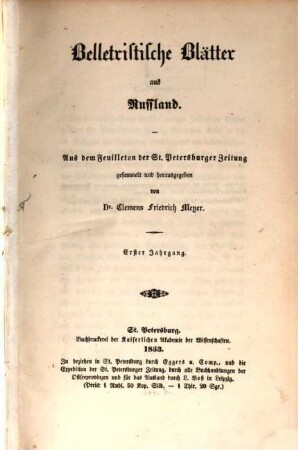 Belletristische Blätter aus Rußland : aus den Feuilleton der Sankt Petersburger Zeitung. 1, 1. 1853