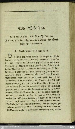 Erste Abtheilung. Von den Kräften und Eigenschaften der Materie, und den allgemeinen gesetzen der chemischen Veränderungen