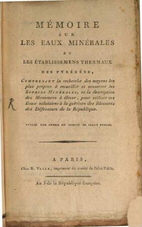 Mémoire sur les eaux minerales et les etablissemens thermaux de Pyrénées