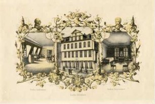 Goethe-Haus: Drei Darstellungen in ornamentaler Rahmung mit Familienwappen und Büsten von Goethe und seinen Eltern