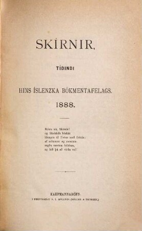 Skírnir : tímarit hins islenska bókmenntafélags. 1888