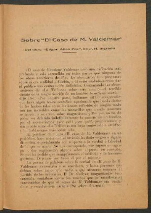 Sobre "El caso de M. Valdemar" : (Del libro "Edgar Allan Poe", de J.H. Ingram)
