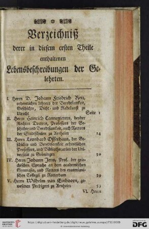 Verzeichniß derer in diesem ersten Theile enthaltenen Lebensbeschreibungen der Gelehrten.