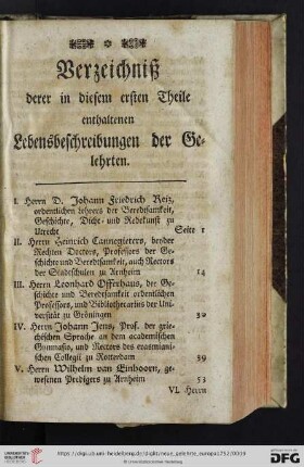 Verzeichniß derer in diesem ersten Theile enthaltenen Lebensbeschreibungen der Gelehrten.