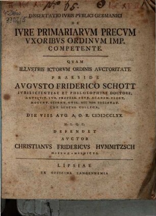 Dissertatio Ivris Pvblici Germanici De Ivre Primariarvm Precvm Vxoribvs Ordinvm Imp. Competente