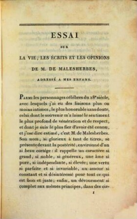 Essai sur la vie, les écrits et les opinions de M. de Malesherbes, adressé à mes enfans, 1