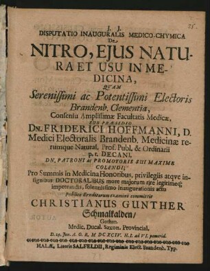 Disputatio Inauguralis Medico-Chymica De Nitro, Eius Natura Et Usu In Medicina