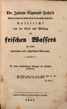 Taschenbuch der Wasserheilkunde. 1. 1841