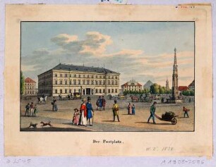 Der Postplatz in Dresden, Blick nach Südwesten, von links das Postgebäude und der "Goldene Ring", der Turm der Annenkirche im Hintergrund und der Cholerabrunnen