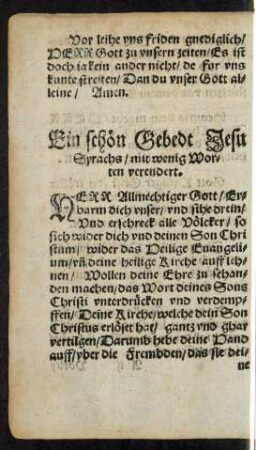 Ein schön Gebedt Jesu Syrachs/ mit wenig worten verendert.