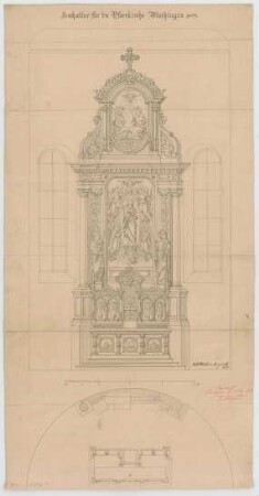 Müller, Josef Anton; Maihingen; Pfarrkirche - Hochaltar (Grundriss m. Schnitt, Ansicht)