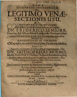 Discursus Inauguralis De Legitimo Venaesectionis Usu