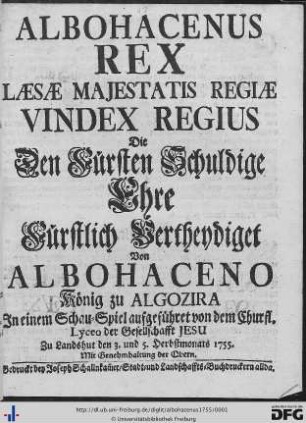 Albohacenus Rex Laesae Majestatis Regiae Vindex Regius