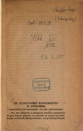 Die altdeutschen Handschriften zu Königsberg