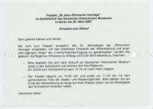 Merkblatt mit Hinweisen zum Ablauf des Festaktes im Schlüterhof - Sachkonvolut