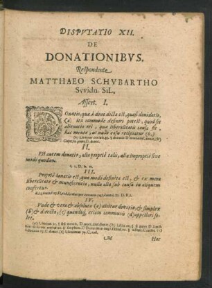 Disputatio XII. De Donationibus. Respondente Matthaeo Schubartho