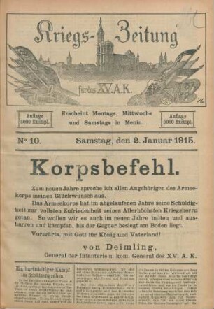 1915: Kriegs-Zeitung für das XV. Armee-Korps