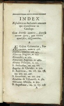 Index Alphabeticus Authorum omnium qui recensentur in Catalogo