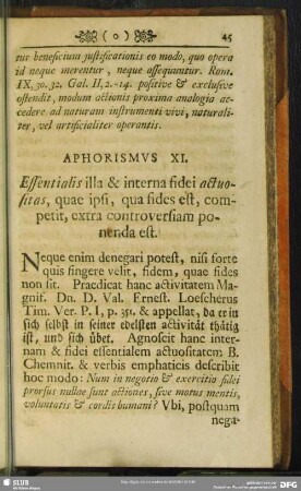 Aphorismus XI. Essentialis illa & interna fidei actuositas, quae ipsi, qua fides est competit, extra controversiam ponenda est
