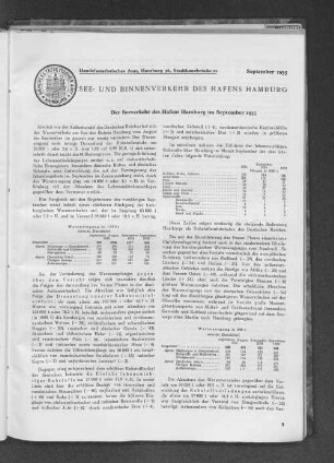 Der Seeverkehr des Hafens Hamburg im September 1935