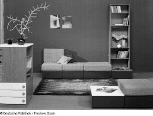 Flachstrecke mit Polsterauflagen : Wohnzimmermöbel. Anbauwand "Smaragd" (1976; Möbelkombinat Erfurt (MKE)). Einzelelemente und Flachstrecke mit Polsterauflagen und Regal