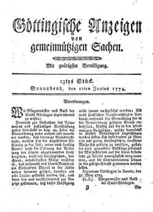 23tes Stück. Sonnabend, den 11ten Junius 1774.