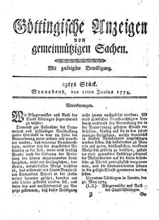 23tes Stück. Sonnabend, den 11ten Junius 1774.