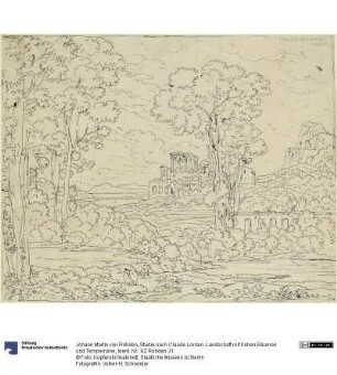 Studie nach Claude Lorrain: Landschaft mit hohen Bäumen und Tempelruine