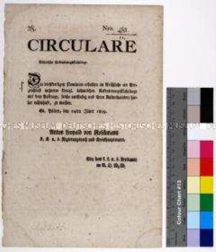 Zirkular des Kreisamtes St. Pölten mit der Veröffentlichung eines Verzeichnisses über böhmische Rekrutierungsflüchtlinge; Sankt Pölten, 24. Febr. 1809