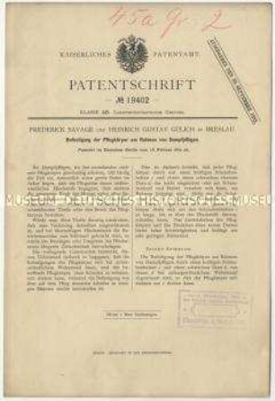 Patentschrift über Befestigungen von Pflugkörpern am Rahmen von Dampfpflügen, Patent-Nr. 19402