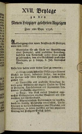 XVII. Beylage zu den Leipziger gelehrten Anzeigen - Zum 1sten Sept. 1796.