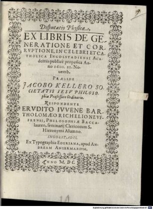 Disp. phys. ex Libris de generatione et corruptione