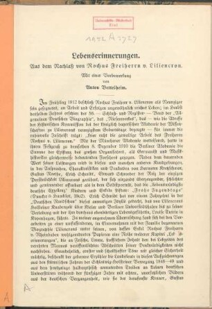 Lebenserinnerungen. Aus dem Nachlaß von Rochus Freiherrn v. Liliencron.