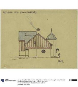 Darmstadt, Stallgebäude mit Kutscherwohnung für Julius Glückert, Skizzenblatt mit Aufriss der Ostfassade