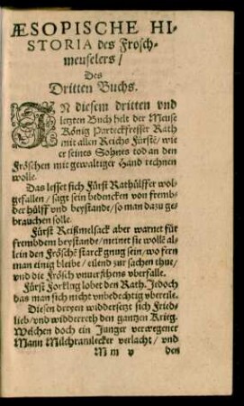 Aesopische Historia des Froschmeuselers/ Des Dritten Buchs.