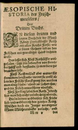 Aesopische Historia des Froschmeuselers/ Des Dritten Buchs.