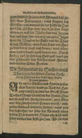 Wie Fortunatus in Stechen unnd Thurnieren/ bey seines Herren Hochzeit in Flandern das beste thet/ beyde Kleinot gewan.