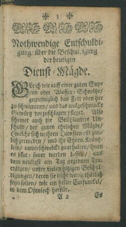 Nothwendige Entschuldigung/ über die Beschuldigung der heutigen Dienst-Mägde.