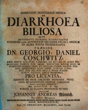 Dissertatio Inauguralis Medica De Diarrhoea Biliosa