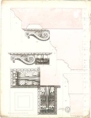 Thiersch, August ; Studienarbeiten - Gesims - Ornamente (Details); Gesimsprofile (Ansichten)