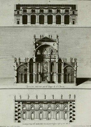 Katholische Hofkirche, Entwurf, Querschnitt durch das Schiff und Aufrisse der Mittelschiffswand (Pfeilerreihe) und der Seitenschiffswand