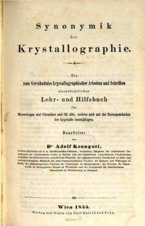 Synonymik der Krystallographie : Ein zum Verstaendniss der krystallographischen Arbeiten und Schriften unentbehrliches Hilfsbuch ...
