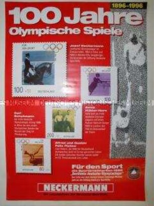 Poster der Deutschen Sporthilfe mit Werbung für die Briefmarkenserie "100 Jahre Olympische Spiele"