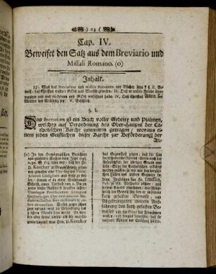 Cap. IV. Beweiset den Satz aus dem Breviario und Missali Romano.