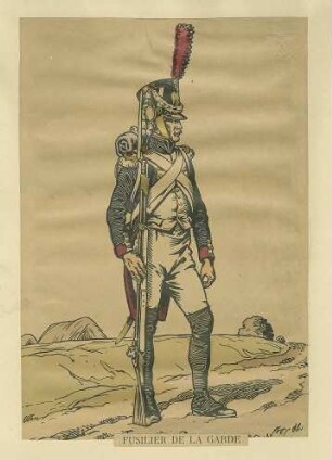 Stab Kaiser Napoleon I.: Füsilier der Garde in Uniform, Mütze und Feldausrüstung, stehend, in Profil