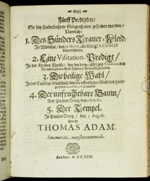 Fünff Predigten/ So bey sonderbahren Gelegenheiten gehalten worden [...]